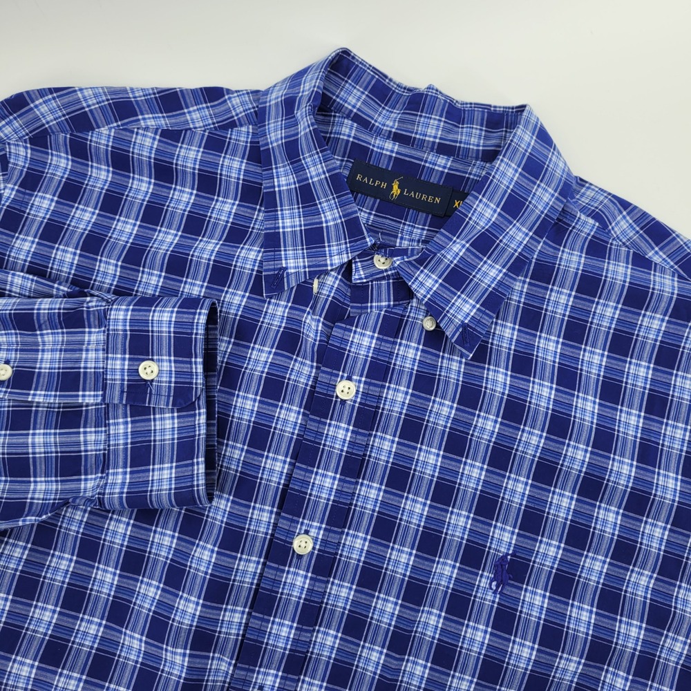Ralph Lauren Plaid Button Down Shirt Mens XL‎ Blue White Long Sleeve Cotton
